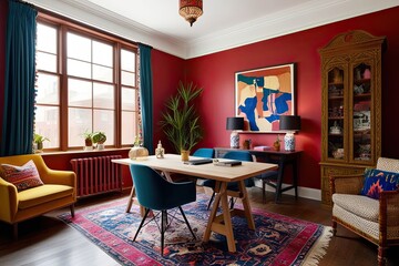 Stylish Cozy Office with Bohemian Style and Bright Vibrant Decor
