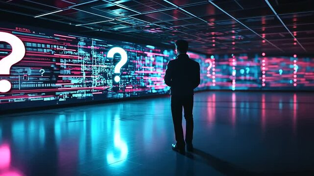 A figure stands in a high-tech environment, with a holographic question mark floating in front of them, representing the challenges of modern life