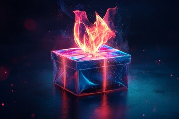 A glowing gift box with a glowing flame icon rising, flickering.