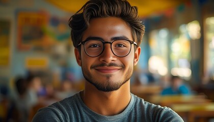 Fototapeta premium A smiling man with glasses and a beard poses for the camera, exuding warmth and friendliness. 