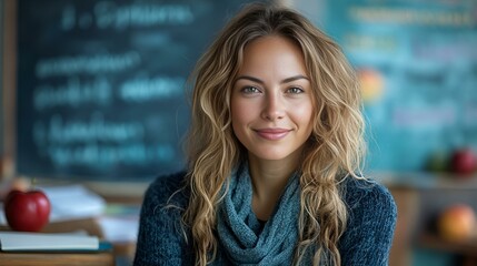 A woman seated in front of a chalkboard, engaged in teaching or presenting information.