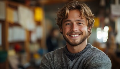Fototapeta premium A smiling man stands confidently in a well-lit room, exuding warmth and positivity.