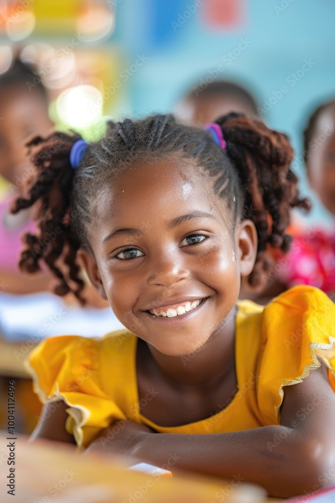 Aufkleber a young girl smiling directly at the camera in a typical classroom setting