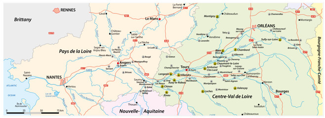 Map of the Loire with the most important castles, France