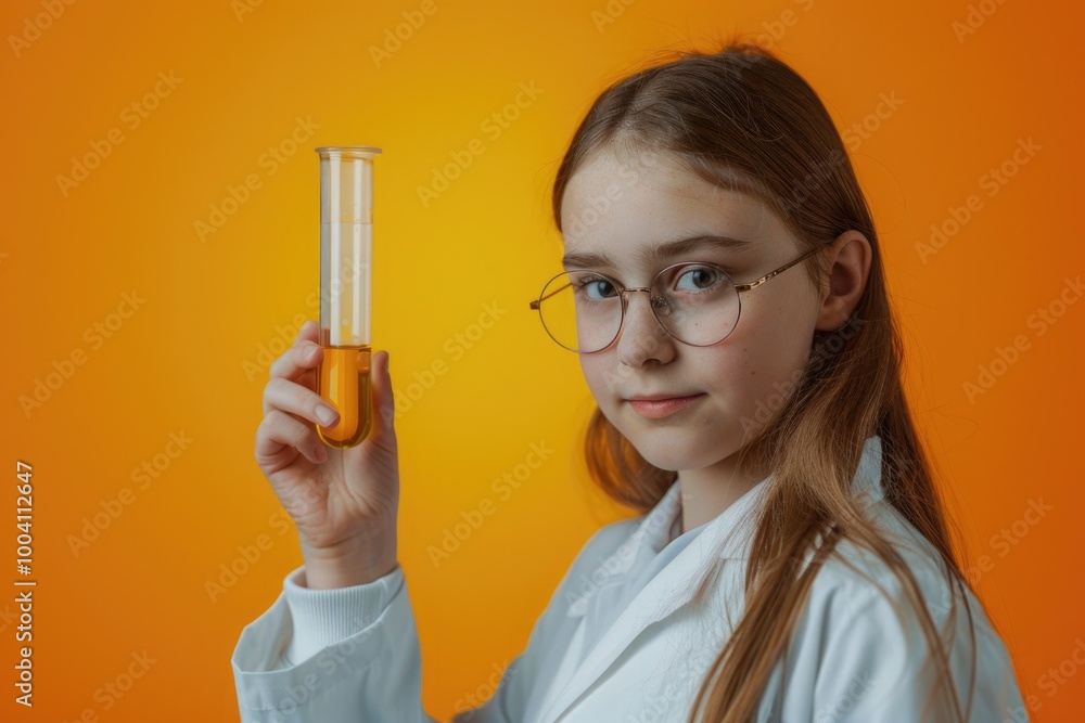 Poster a scientist in a lab coat holds a test tube, ready for experimentation