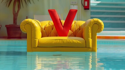 voluminous red letter V on a yellow sofa in a furniture store isolated on a swimming pool background