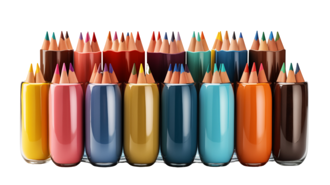 Colored Pencils in Wooden Holder, studio view, isolated on white background. - Powered by Adobe