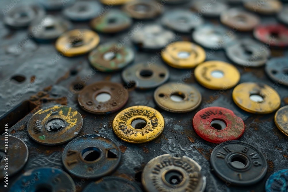 Poster Close up of many old weathered rusty round metal disks with numbers and letters lying on a grunge metal surface
