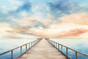 Obraz premium Sunset pier watercolor background sky outdoors horizon.