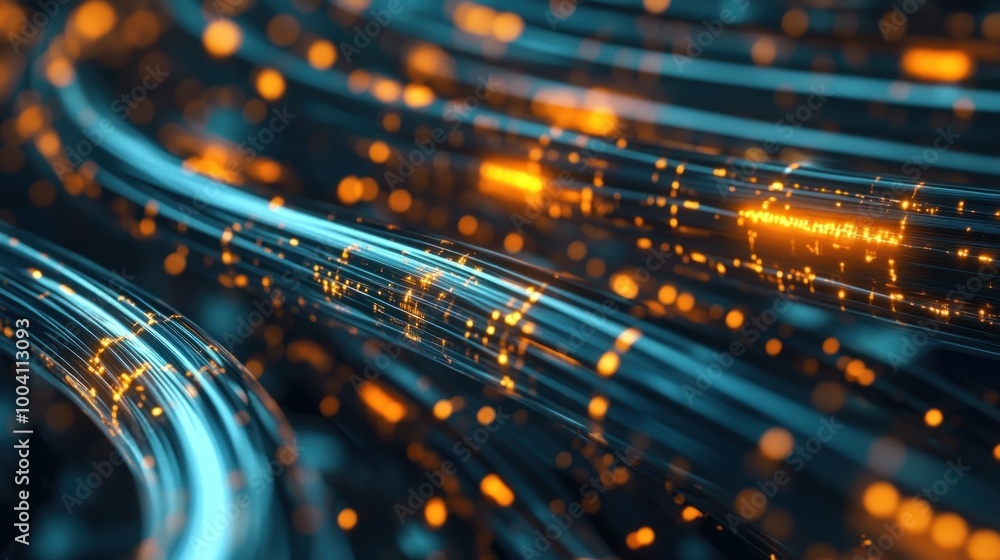 Poster abstract digital waves with glowing particles representing data flow and technology.