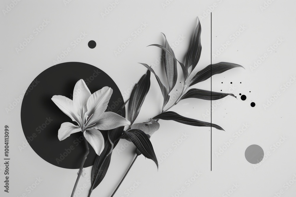 Poster a close-up image of a single flower in black and white