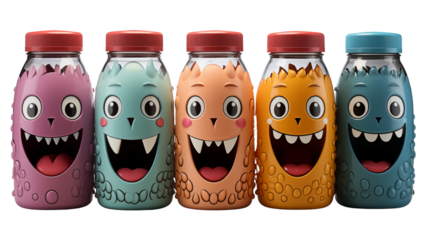 Colorful children's water bottle with a fun monster design, perfect for school, studio view, isolated on white background.