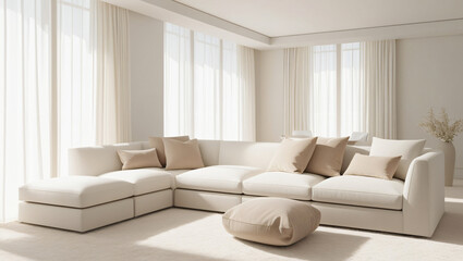 Beautiful living room in a large house with natural lighting and bright, white design