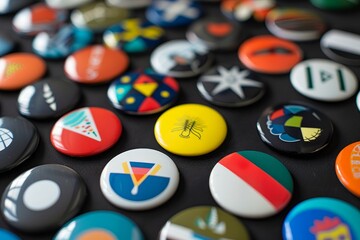 Collection of colorful pin buttons with various designs, showcasing a vibrant and diverse display of symbolism