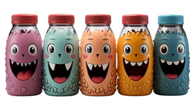 Colorful children's water bottle with a fun monster design, perfect for school, studio view, isolated on white background. - Powered by Adobe