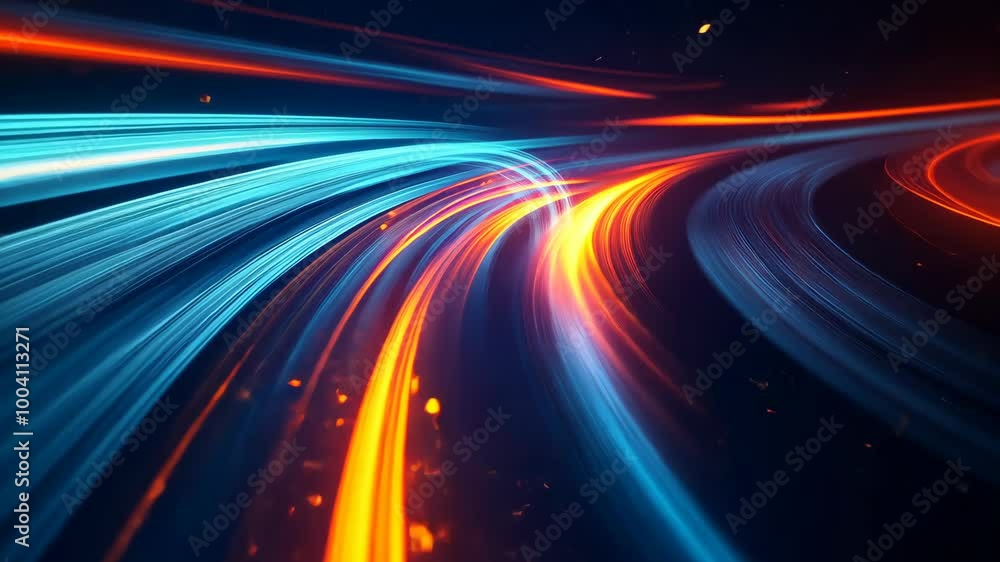 Canvas Prints abstract light trails in blue and orange curve around a dark background
