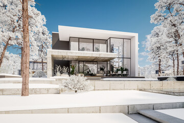 3d rendering of flat roof house with parking and pool for sale or rent with concrete facade and beautiful landscaping on background. Cool winter day with shiny white snow.