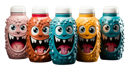 Colorful children's water bottle with a fun monster design, perfect for school, studio view, isolated on white background.