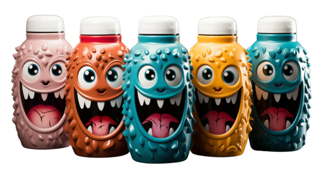 Colorful children's water bottle with a fun monster design, perfect for school, studio view, isolated on white background.