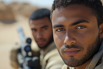 Obraz premium A uniformed man looks into the camera, presenting a strong and determined expression.
