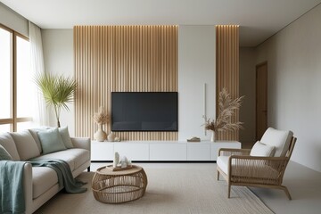 Minimalist TV Wall Design as the Centerpiece of a Tranquil Living Room with Natural Elements