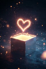 A glowing gift box with a glowing heart icon.