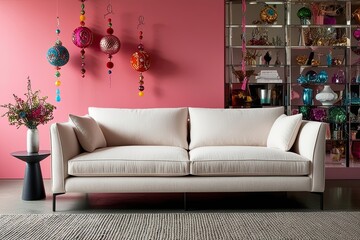 Modern Cotton Sofa in Stylish Living Room Featuring Vibrant Decor Against a Pink Wall
