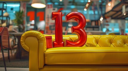 voluminous red numbers 13 on a yellow sofa in a furniture store