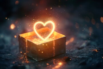 A glowing gift box with a glowing heart icon.