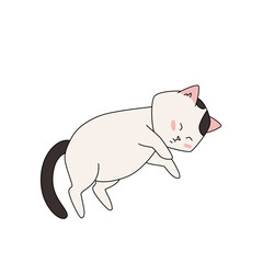 Doodle funny white cat with black tail lying asleep. Simple vector illustration isolated