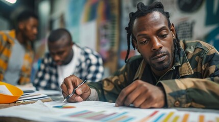 Focused professionals analyzing business data in creative workspace