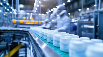 Pharmaceutical workers in clean suits handle medicine bottles on a conveyor belt in a modern production facility