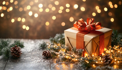 Christmas gift box with lights and fir branches on snowy wooden table