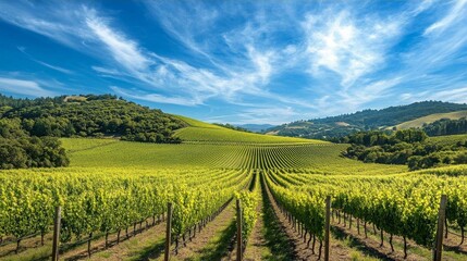 Fototapeta premium Vineyard Landscape with Rolling Hills and Blue Sky