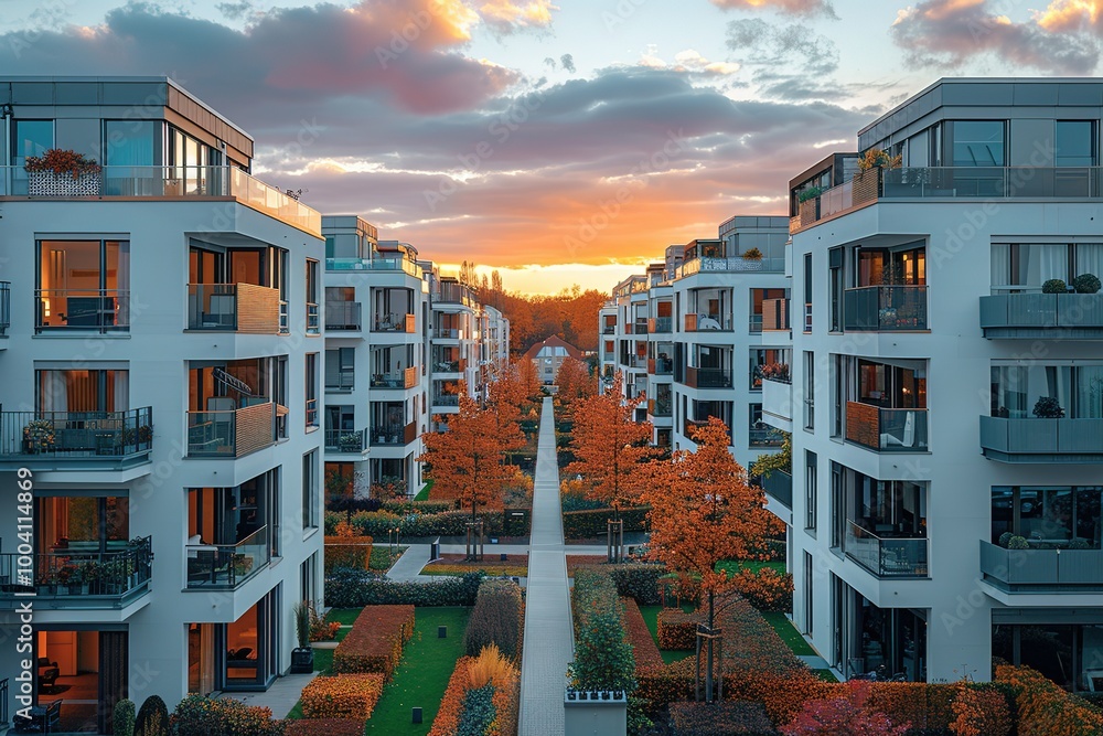 Poster a row of apartment buildings with a large green area in between them