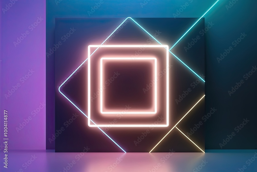 Poster 3d abstract geometric background with neon square frame and gradient light for product showcase