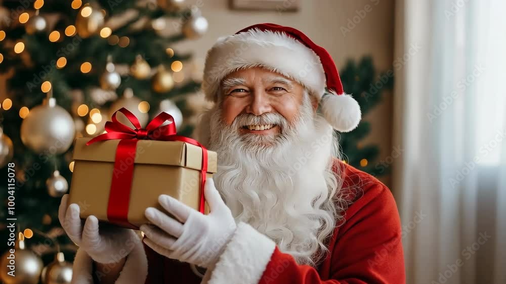 Poster a smiling santa claus with a red hat and beard stands in front of a christmas tree. the scene is fes