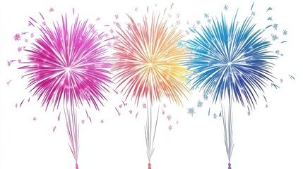 Bright and colorful fireworks explode in the night sky, lighting up the cityscape in celebration of New Year's Eve, with vibrant sparkles and trails of light isolated on a white background