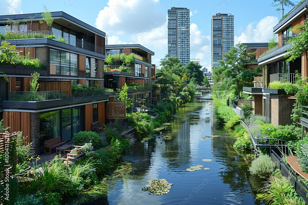 Poster a row of houses with a river running through them