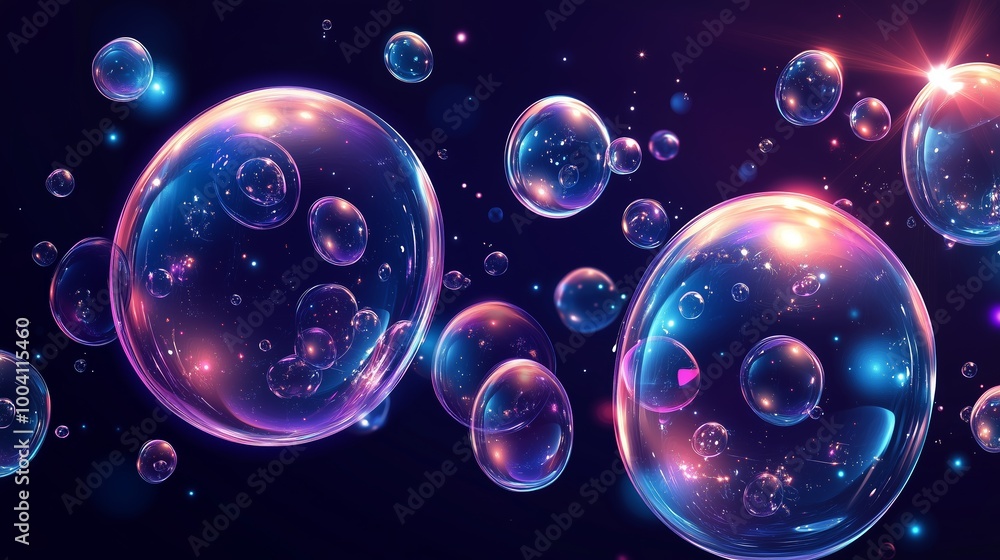 Poster colorful soap bubbles floating gracefully against a dark background, creating a whimsical atmosphere