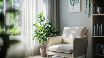 Naklejka premium A cozy corner office space featuring a comfortable beige armchair, light grey walls, a small bookshelf, and a potted plant in the background