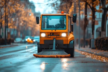 Street sweeper cleaning wet road on an autumn day with orange leaves and trees in the background