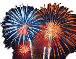 Red, orange and blue fireworks on a white isolated background. Generative AI.