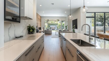 Modern kitchen with white quartz countertops and stainless steel appliances, overlooking a backyard.
