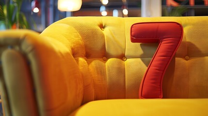 voluminous red numbers 7 on a yellow sofa in a furniture store