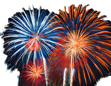 Red, orange and blue fireworks on a white isolated background. Generative AI.