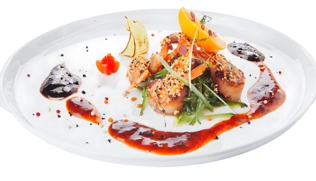 Refined and elegant restaurant cuisine Splashes on a white isolated background. Generative AI.