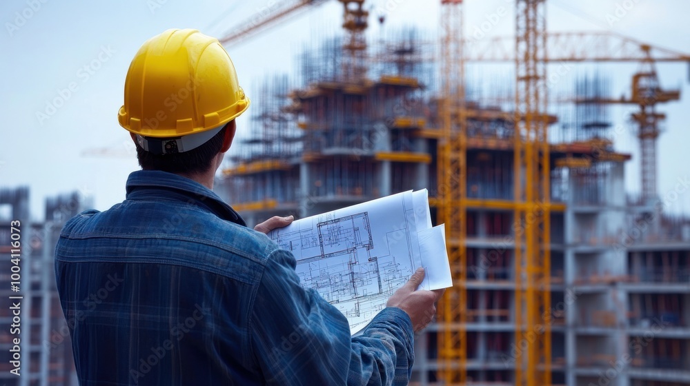 Poster a construction worker examines blueprints at a building site with cranes in the background.