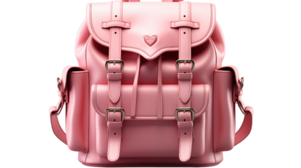 Cute Pink School Backpack Sticker with Heart studio view, isolated on white background.