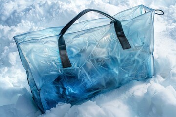 Obraz premium Blue transparent bag laying on a thick layer of snow during a sunny winter day